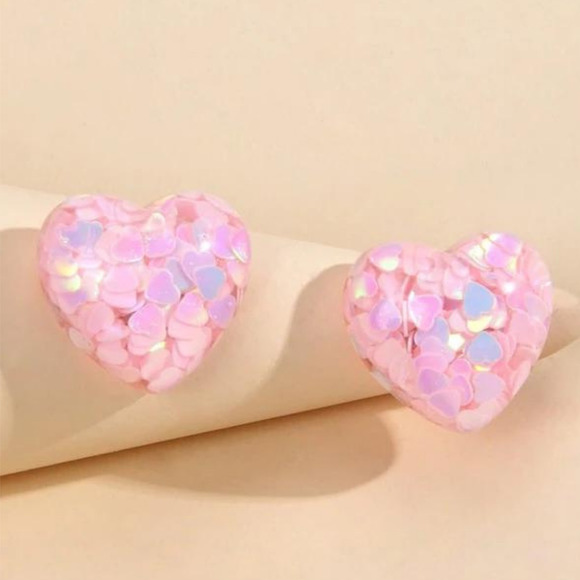 Boutique Jewelry - Pastel Pink Stud Earrings Iridescent Heart Posts Pink Heart Shaped Glitter Studs